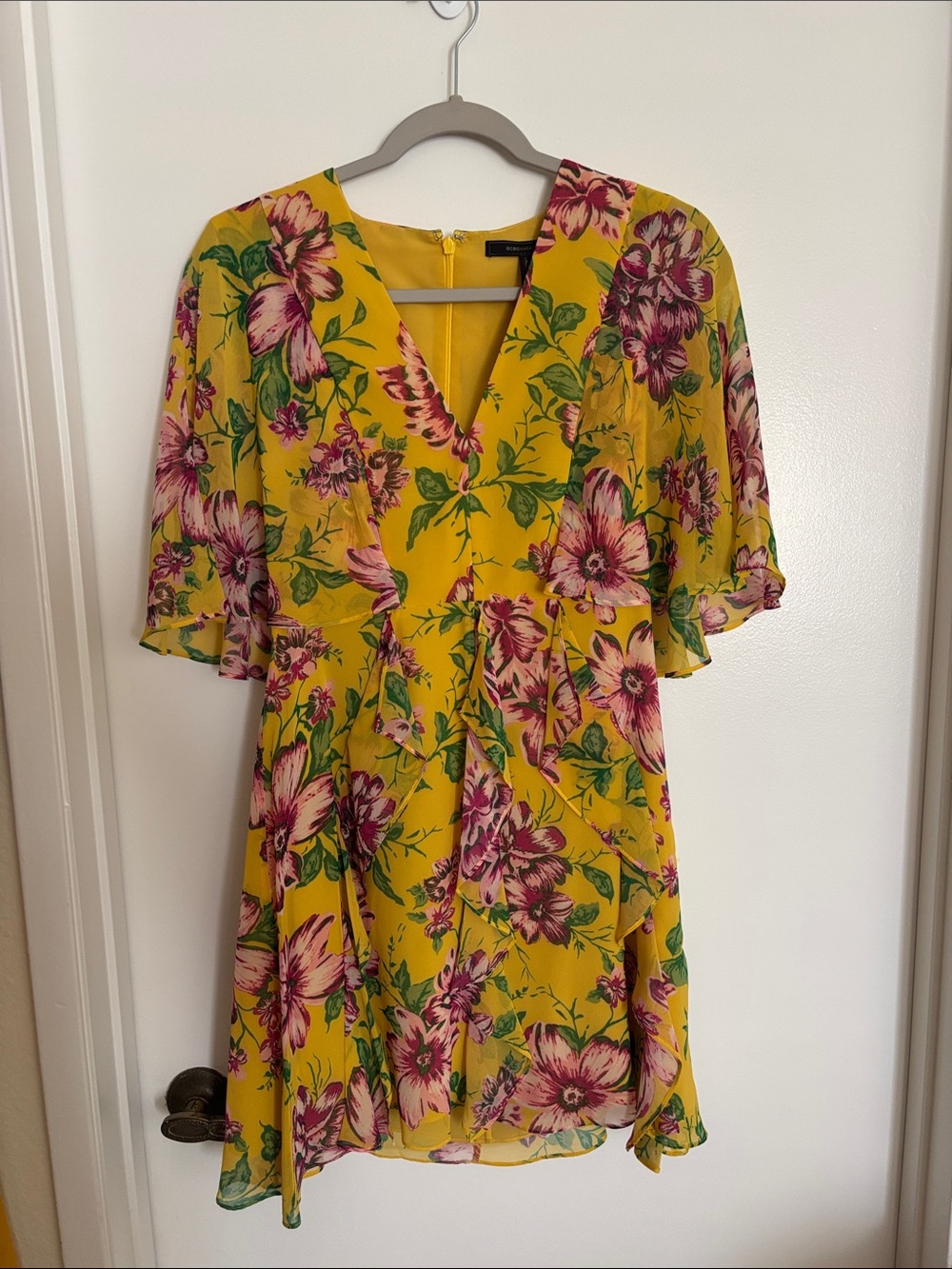 BCBGMaxAzria Yellow Floral V-Neck Mini Dress